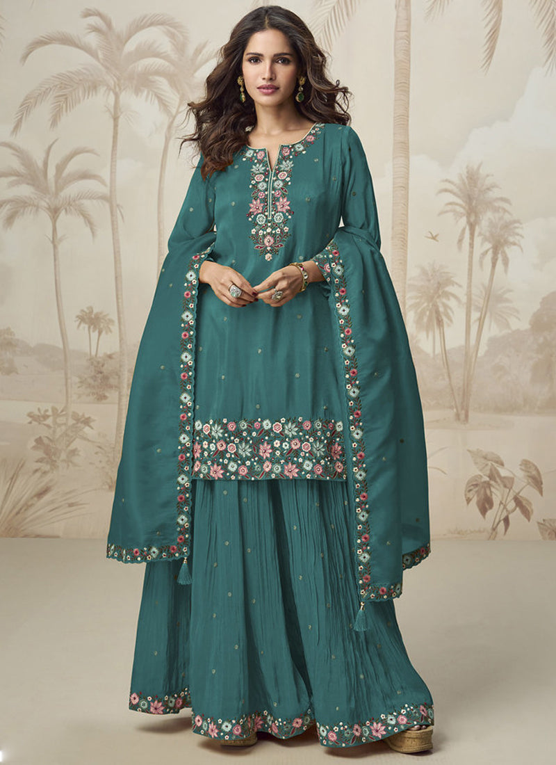 Vegaa Fashion Turquoise Simar Silk Embroidered Palazzo Suit | Grocsy