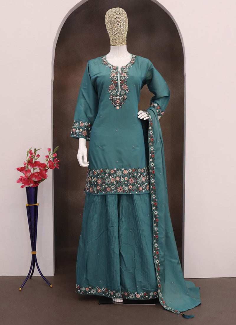 Vegaa Fashion Turquoise Simar Silk Embroidered Palazzo Suit | Grocsy