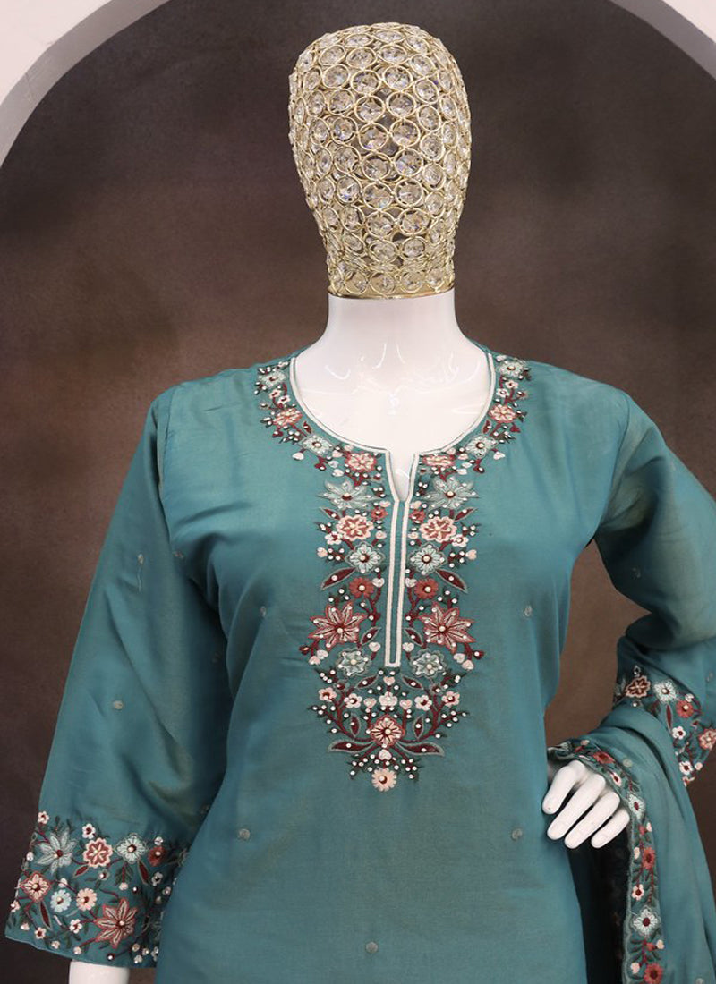 Vegaa Fashion Turquoise Simar Silk Embroidered Palazzo Suit | Grocsy