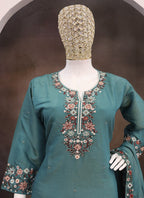 Vegaa Fashion Turquoise Simar Silk Embroidered Palazzo Suit | Grocsy