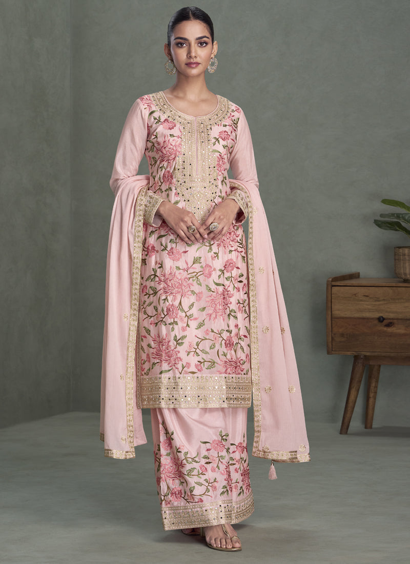 Vegaa Fashion Baby Pink Chinon Silk Embroidered Palazzo Suit | Grocsy