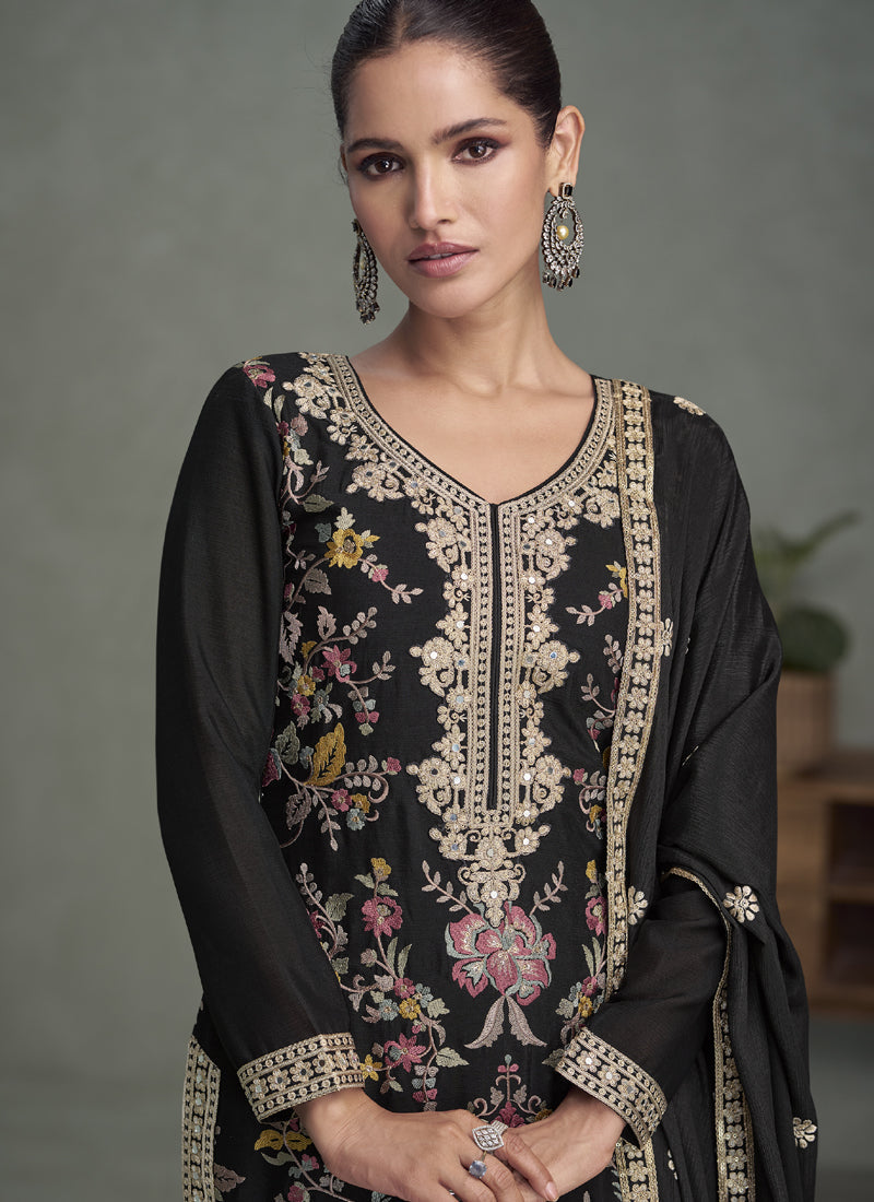 Vegaa Fashion Black Chinon Silk Embroidered Palazzo Suit | Grocsy