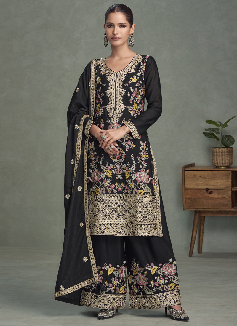 Vegaa Fashion Black Chinon Silk Embroidered Palazzo Suit | Grocsy
