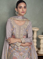 Vegaa Fashion Grey Chinon Silk Embroidered Palazzo Suit | Grocsy