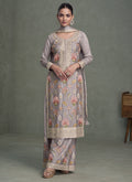 Vegaa Fashion Grey Chinon Silk Embroidered Palazzo Suit | Grocsy