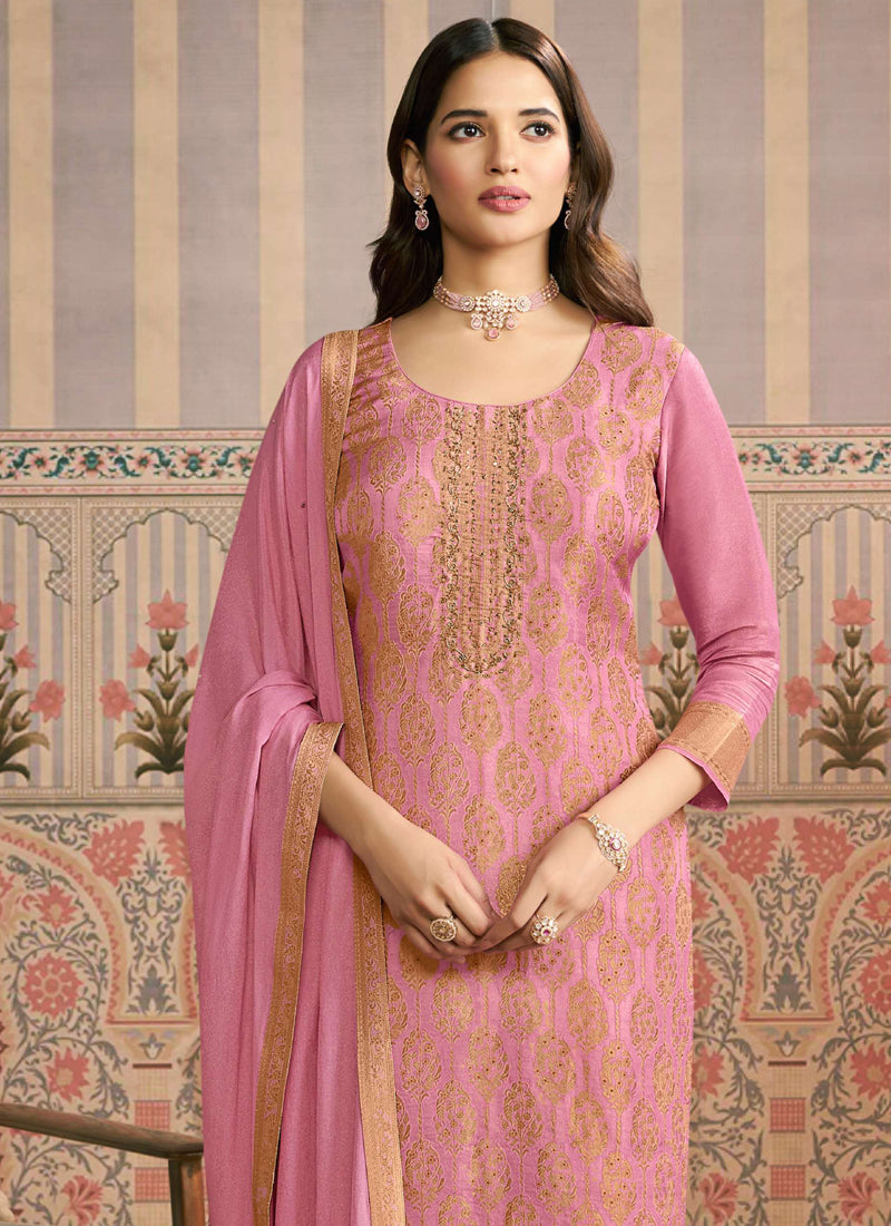 Vegaa Fashion Light Pink Jacquard Silk Hand Work Designer Salwar Suit | Grocsy