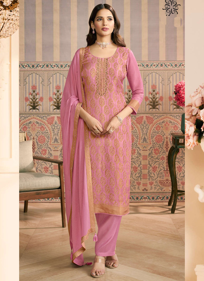 Vegaa Fashion Light Pink Jacquard Silk Hand Work Designer Salwar Suit | Grocsy