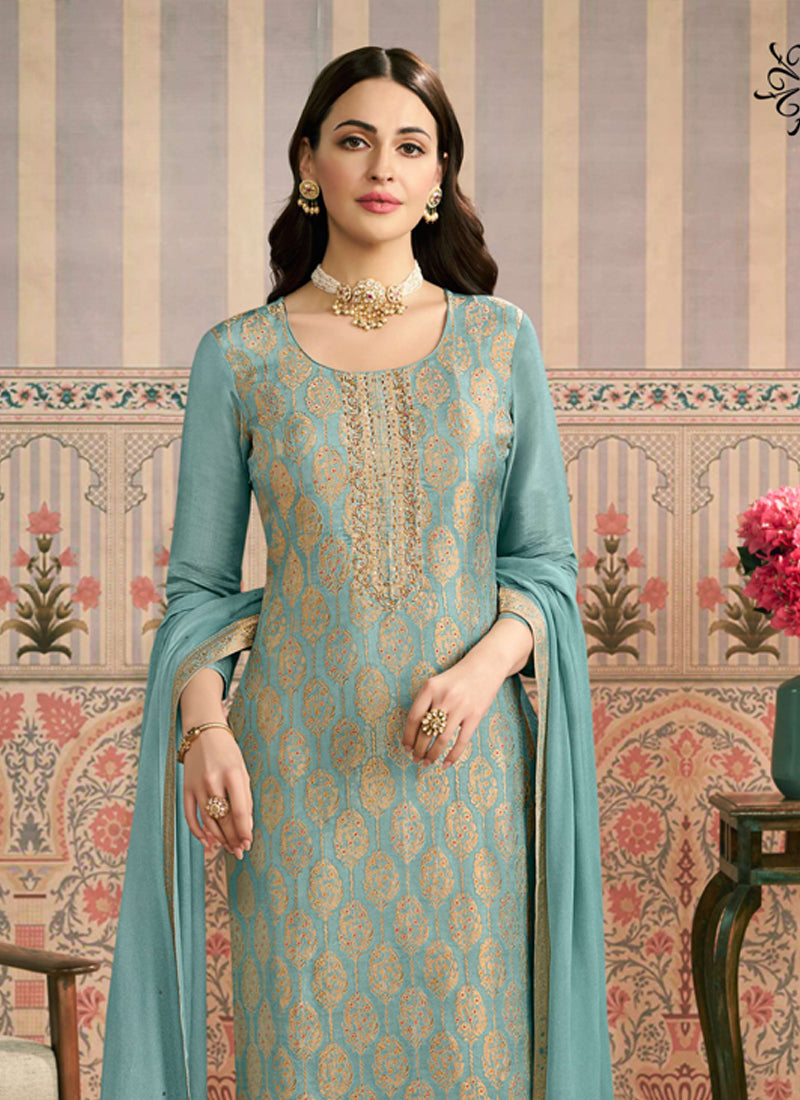 Vegaa Fashion Light Blue Jacquard Silk Hand Work Designer Salwar Suit | Grocsy