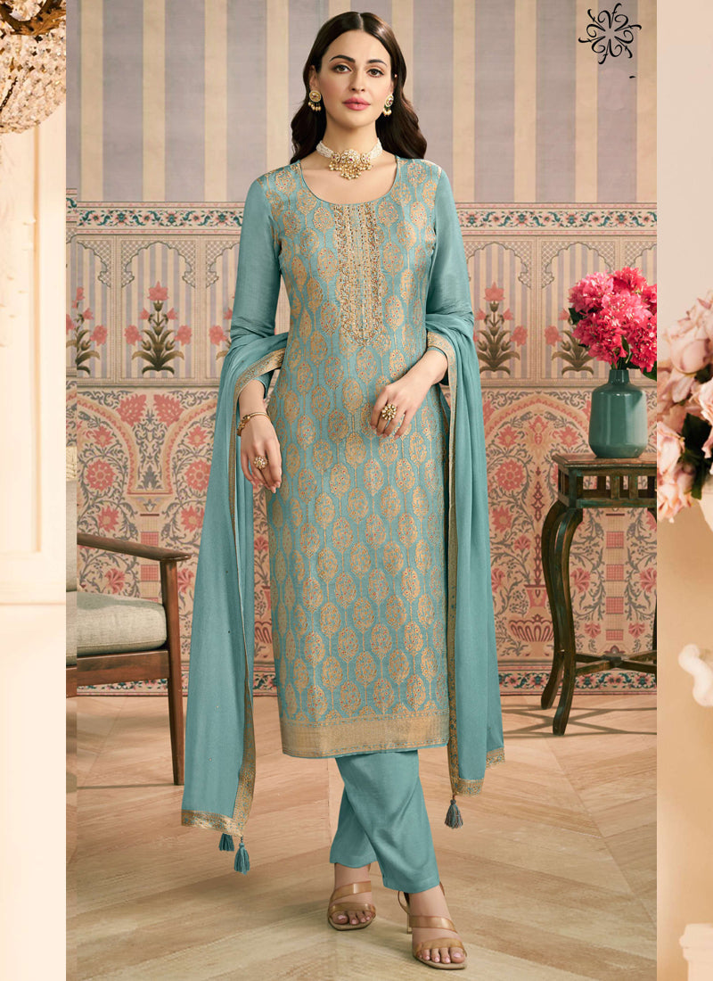 Vegaa Fashion Light Blue Jacquard Silk Hand Work Designer Salwar Suit | Grocsy