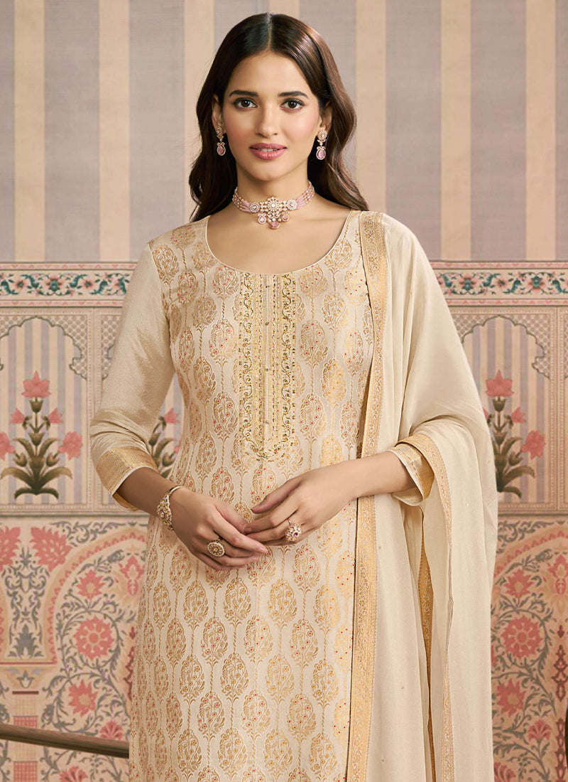 Vegaa Fashion Off White Jacquard Silk Hand Work Designer Salwar Suit | Grocsy