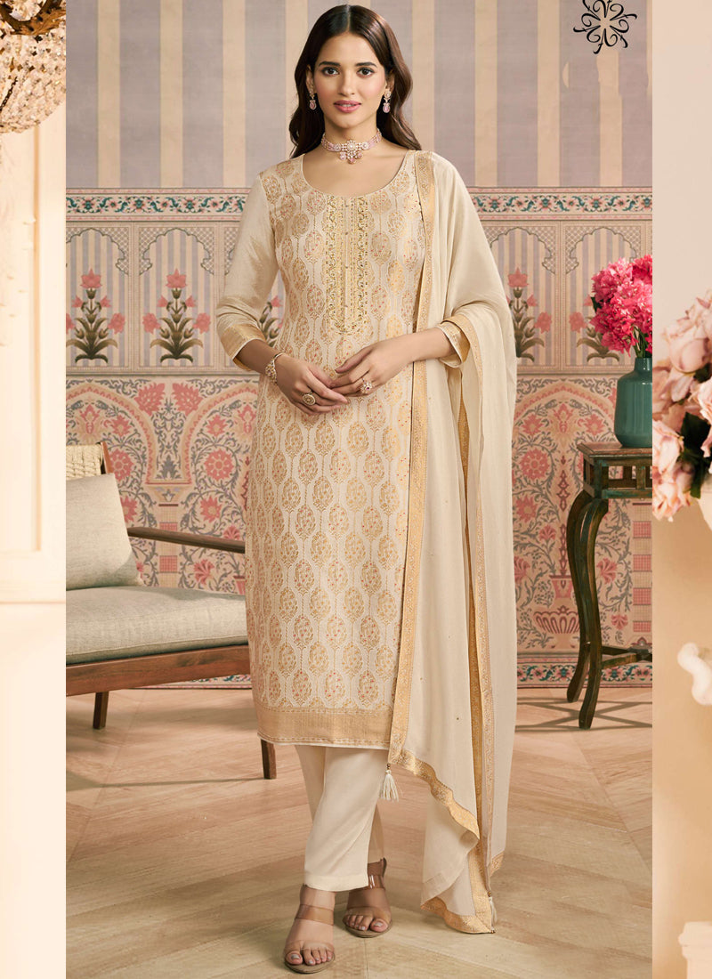 Vegaa Fashion Off White Jacquard Silk Hand Work Designer Salwar Suit | Grocsy