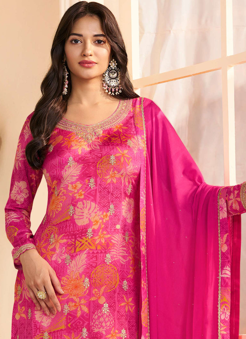 Vegaa Fashion Pink Chinon Silk Embroidered Digital Print Designer Salwar Suit | Grocsy