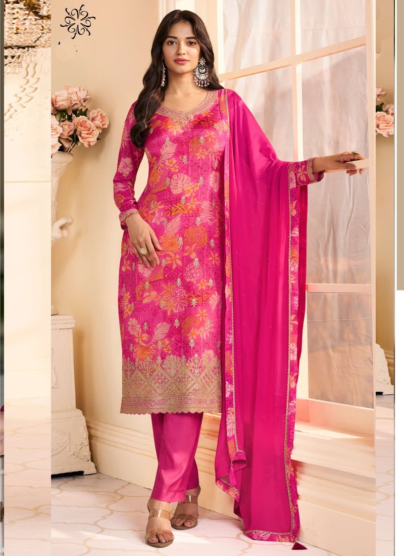 Vegaa Fashion Pink Chinon Silk Embroidered Digital Print Designer Salwar Suit | Grocsy
