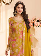 Vegaa Fashion Yellow Chinon Silk Embroidered Digital Print Designer Salwar Suit | Grocsy