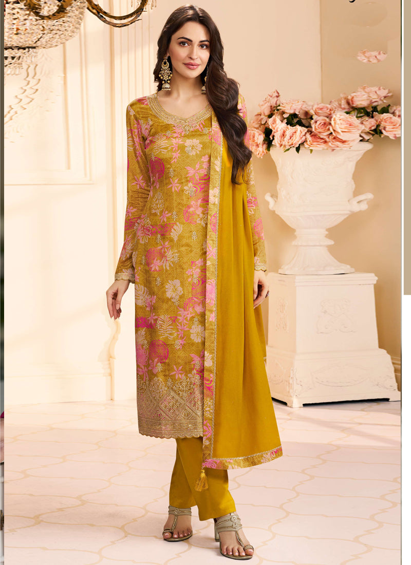 Vegaa Fashion Yellow Chinon Silk Embroidered Digital Print Designer Salwar Suit | Grocsy