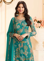 Vegaa Fashion Turquoise Chinon Silk Embroidered Digital Print Designer Salwar Suit | Grocsy