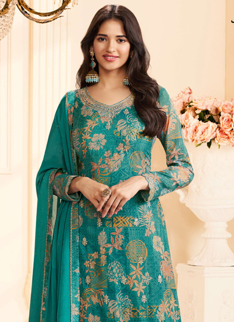 Vegaa Fashion Turquoise Chinon Silk Embroidered Digital Print Designer Salwar Suit | Grocsy