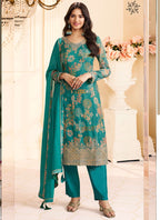 Vegaa Fashion Turquoise Chinon Silk Embroidered Digital Print Designer Salwar Suit | Grocsy