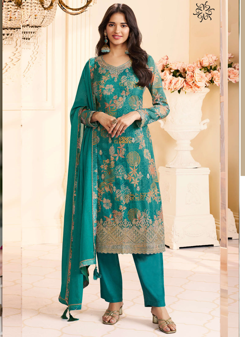 Vegaa Fashion Turquoise Chinon Silk Embroidered Digital Print Designer Salwar Suit | Grocsy