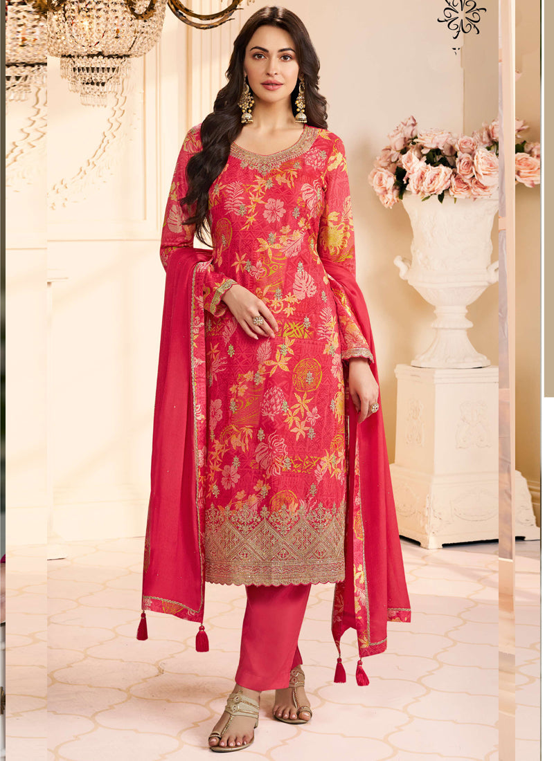 Vegaa Fashion Red Chinon Silk Embroidered Digital Print Designer Salwar Suit | Grocsy