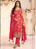 Vegaa Fashion Red Chinon Silk Embroidered Digital Print Designer Salwar Suit | Grocsy