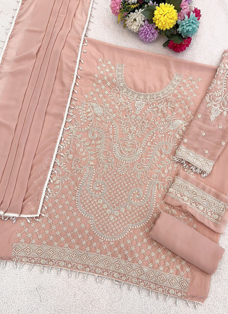 Vegaa Fashion Light Peach Georgette Embroidered Beads Designer Salwar Suit | Grocsy