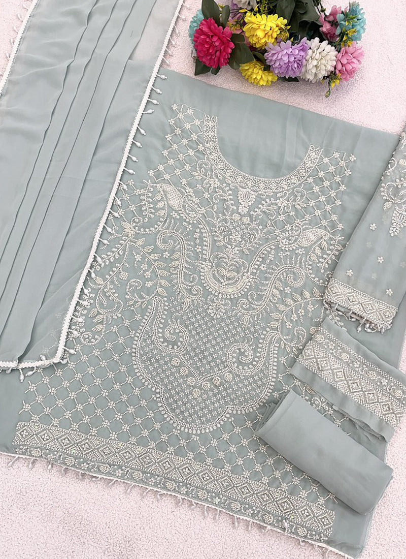Vegaa Fashion Light Sky Blue Georgette Embroidered Beads Designer Salwar Suit | Grocsy