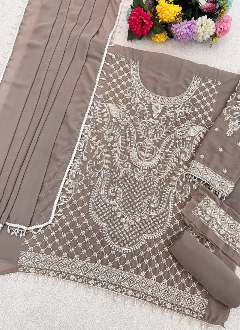 Vegaa Fashion Light Brown Georgette Embroidered Beads Designer Salwar Suit | Grocsy