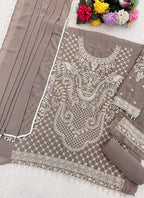 Vegaa Fashion Light Brown Georgette Embroidered Beads Designer Salwar Suit | Grocsy