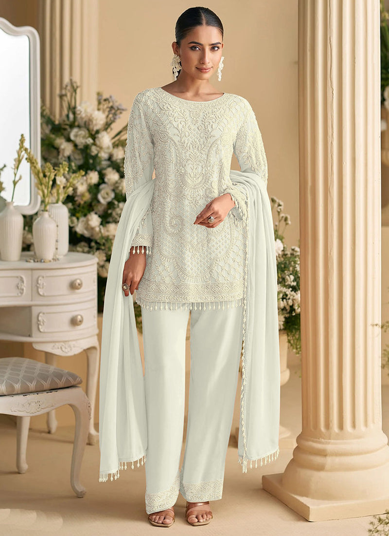 Vegaa Fashion Off White Georgette Embroidered Beads Designer Salwar Suit | Grocsy