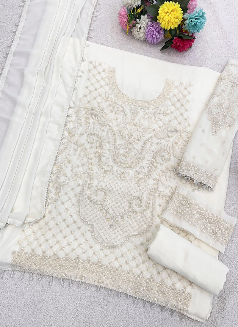 Vegaa Fashion Off White Georgette Embroidered Beads Designer Salwar Suit | Grocsy