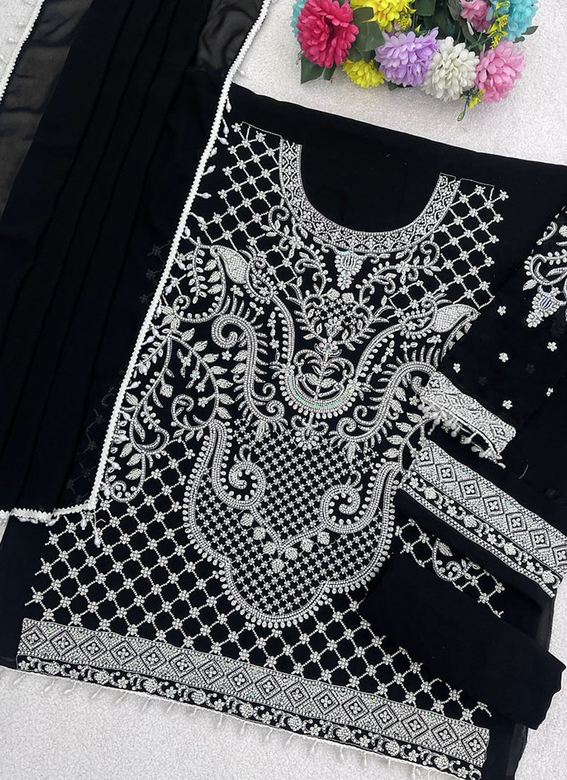 Vegaa Fashion Black Georgette Embroidered Beads Designer Salwar Suit | Grocsy