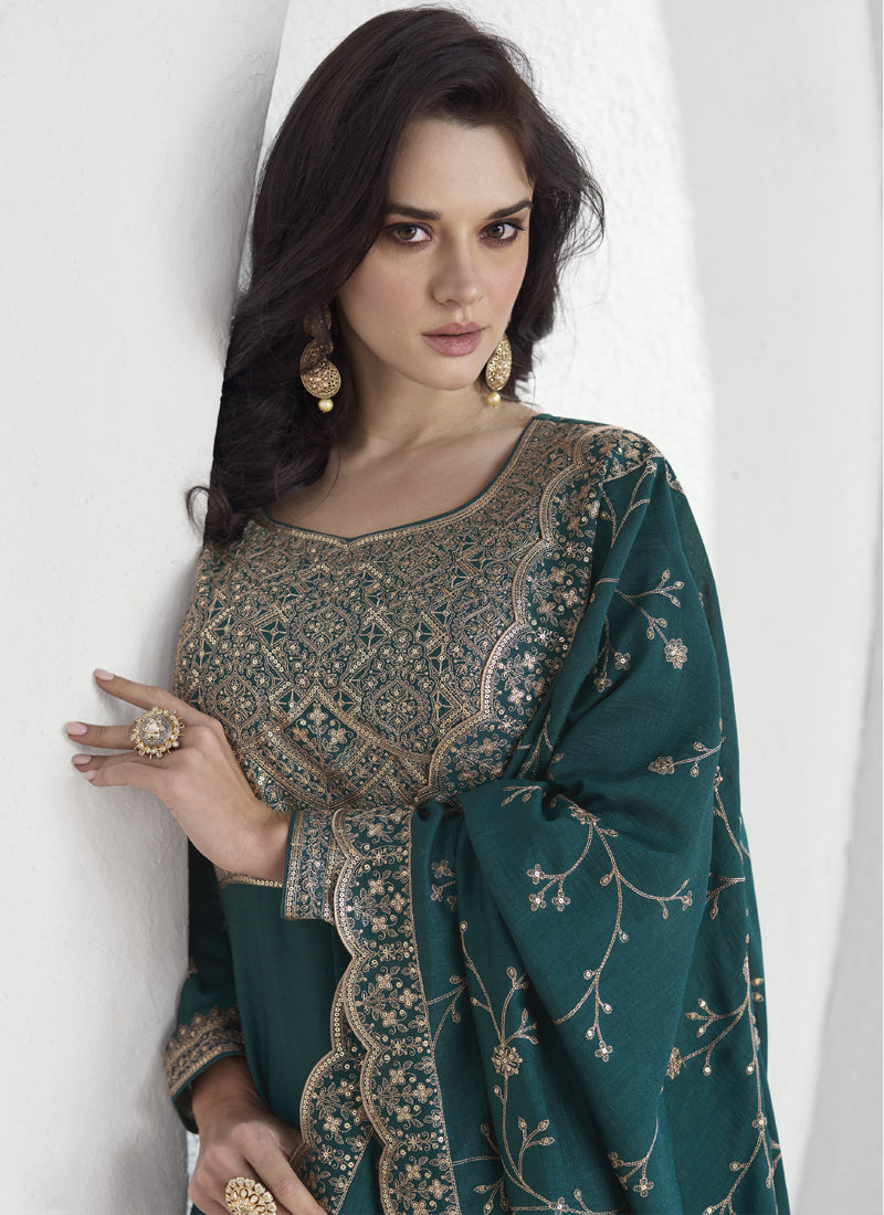 Vegaa Fashion Teal Vichitra Silk Sequence Anarkali Suit | Grocsy