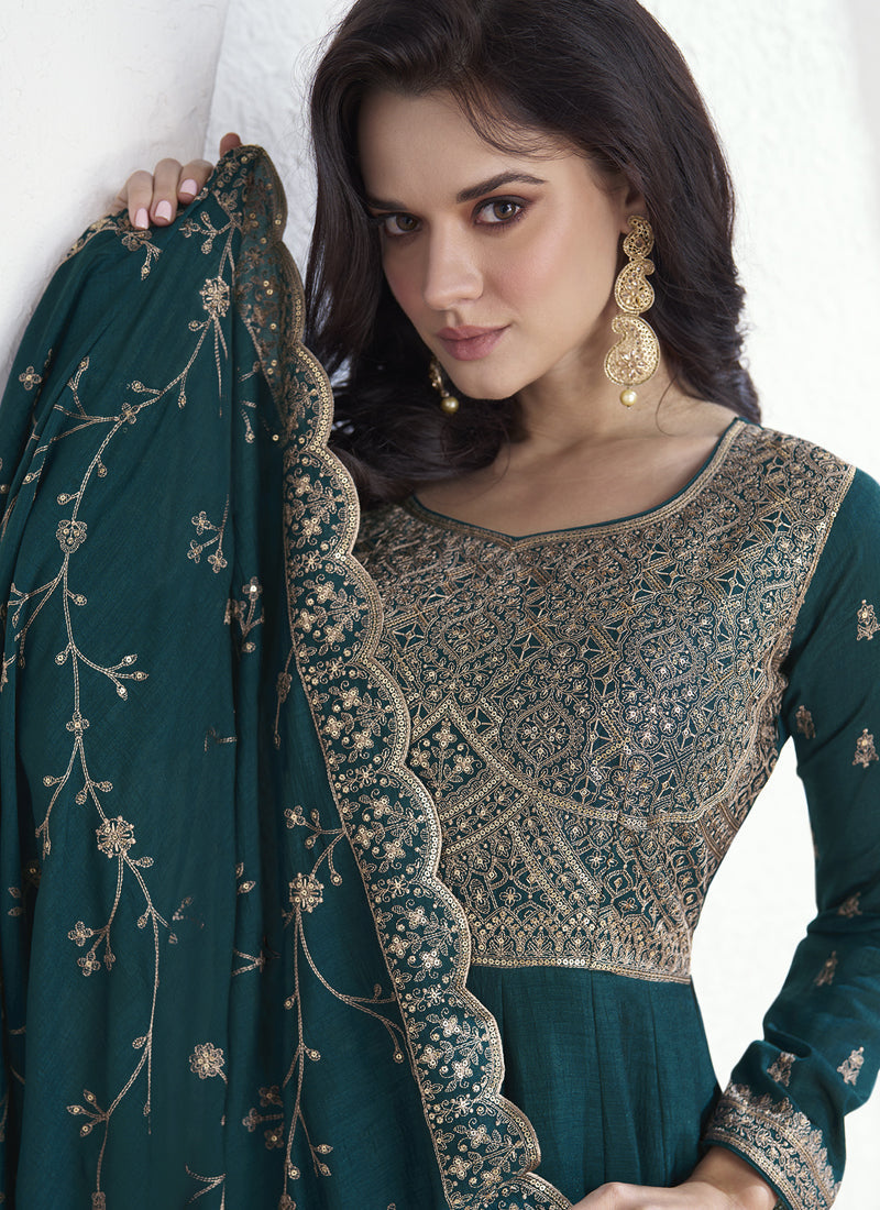 Vegaa Fashion Teal Vichitra Silk Sequence Anarkali Suit | Grocsy