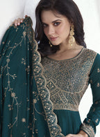 Vegaa Fashion Teal Vichitra Silk Sequence Anarkali Suit | Grocsy
