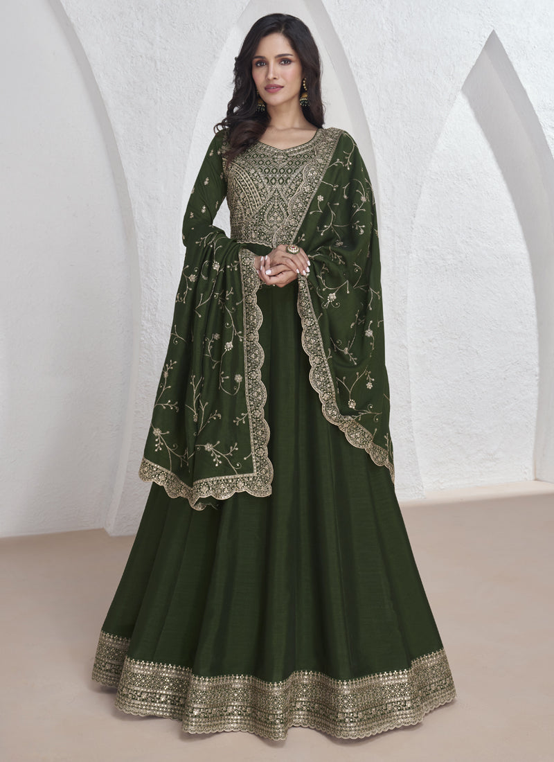 Vegaa Fashion Mehendi Vichitra Silk Sequence Anarkali Suit | Grocsy