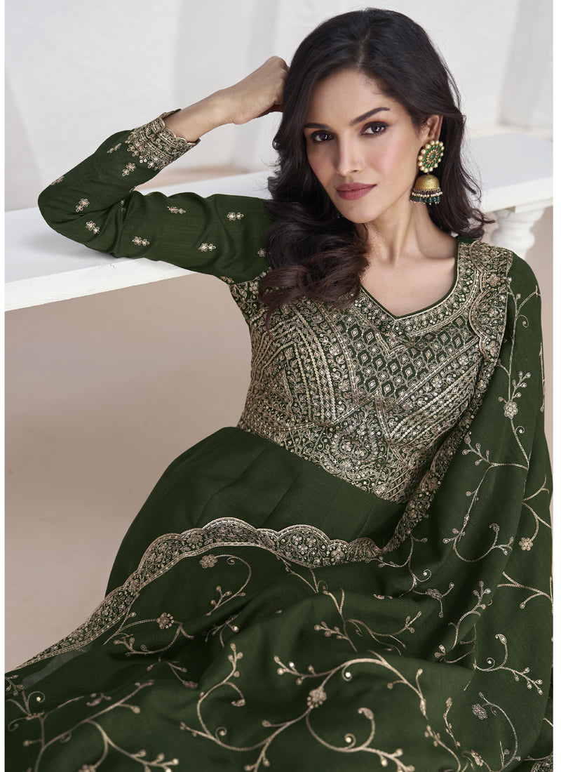 Vegaa Fashion Mehendi Vichitra Silk Sequence Anarkali Suit | Grocsy