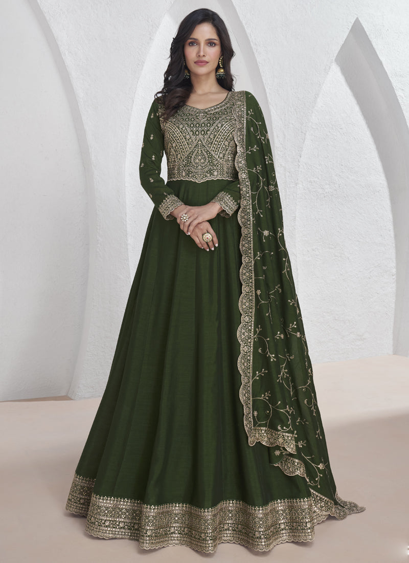 Vegaa Fashion Mehendi Vichitra Silk Sequence Anarkali Suit | Grocsy