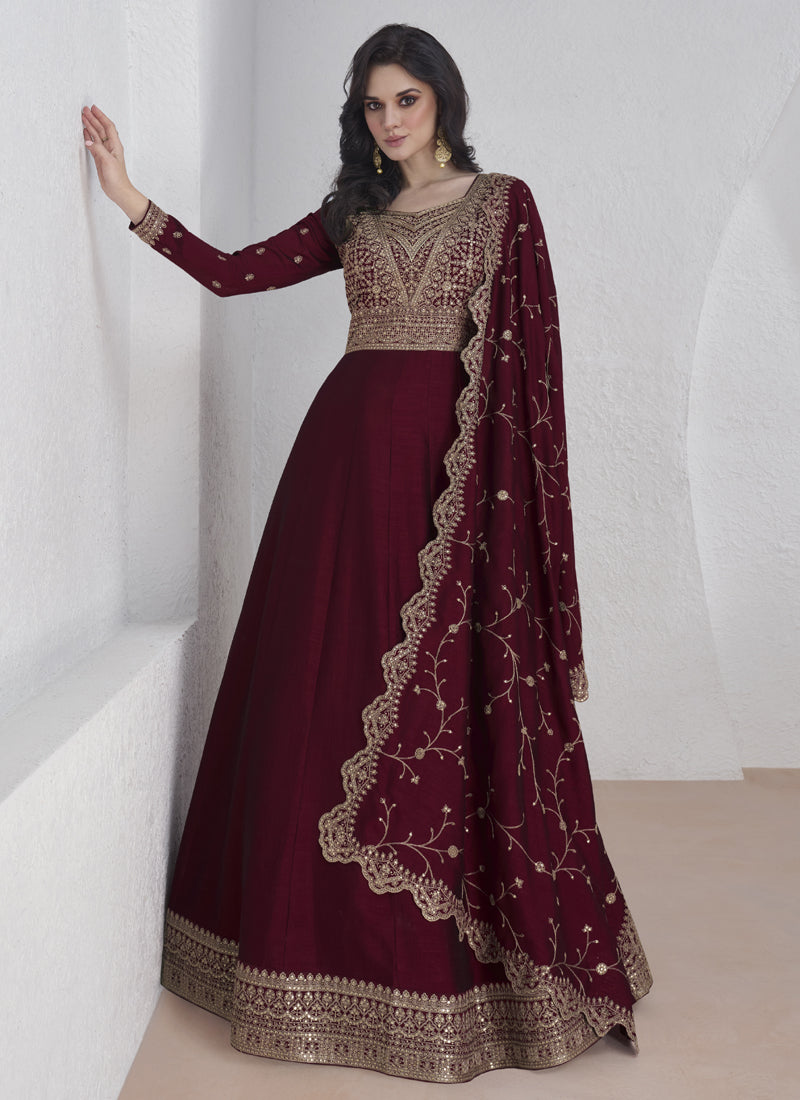 Vegaa Fashion Maroon Vichitra Silk Sequence Anarkali Suit | Grocsy