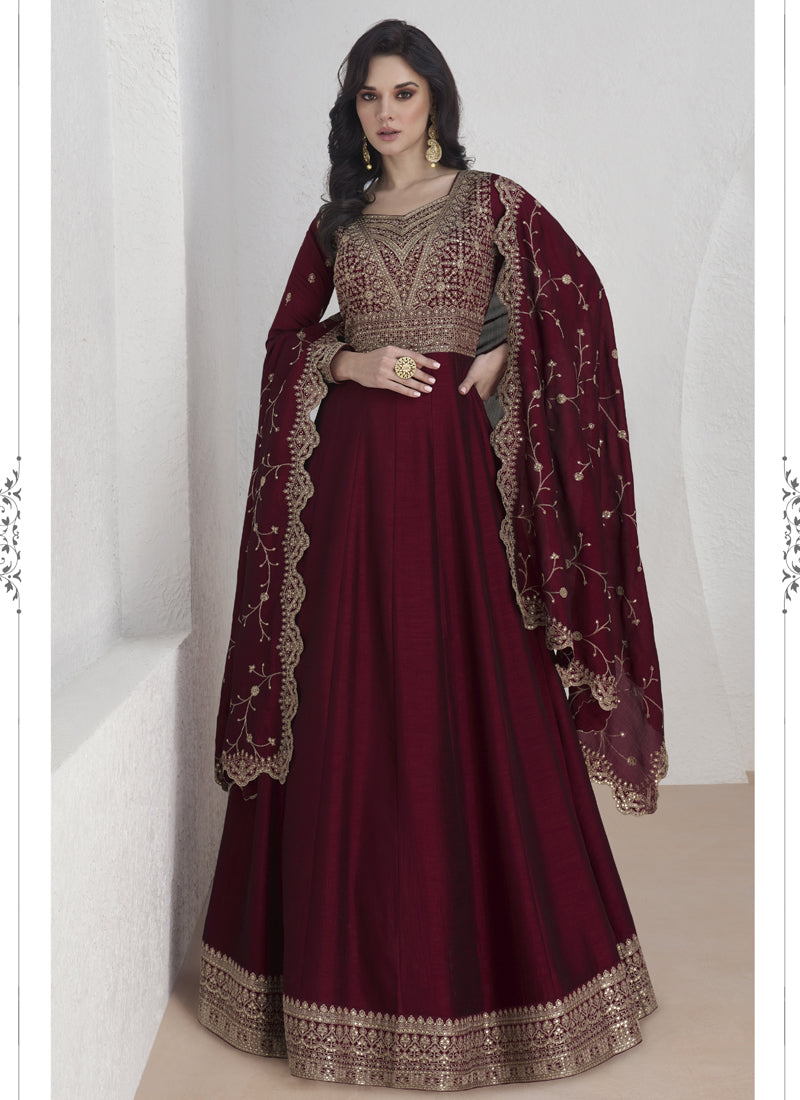 Vegaa Fashion Maroon Vichitra Silk Sequence Anarkali Suit | Grocsy