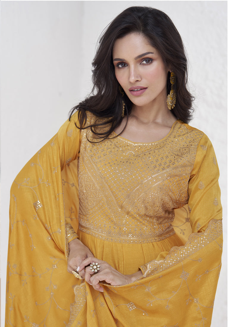Vegaa Fashion Yellow Vichitra Silk Sequence Anarkali Suit | Grocsy
