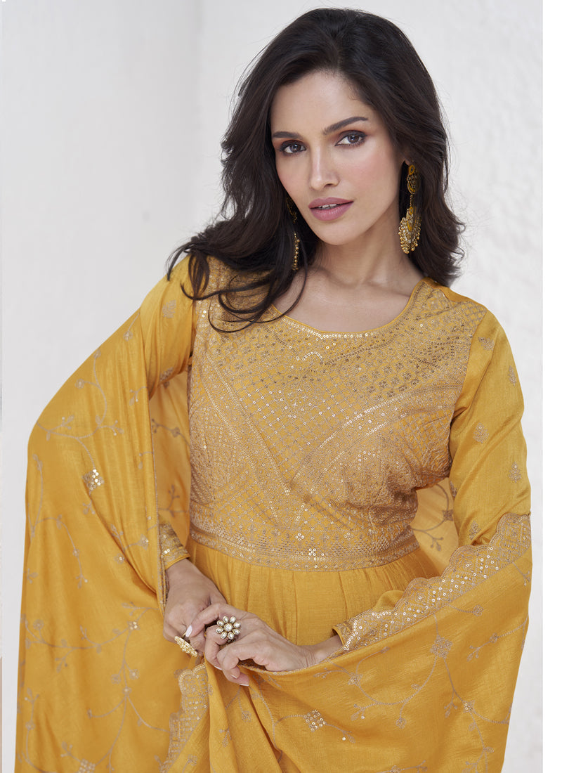 Vegaa Fashion Yellow Vichitra Silk Sequence Anarkali Suit | Grocsy