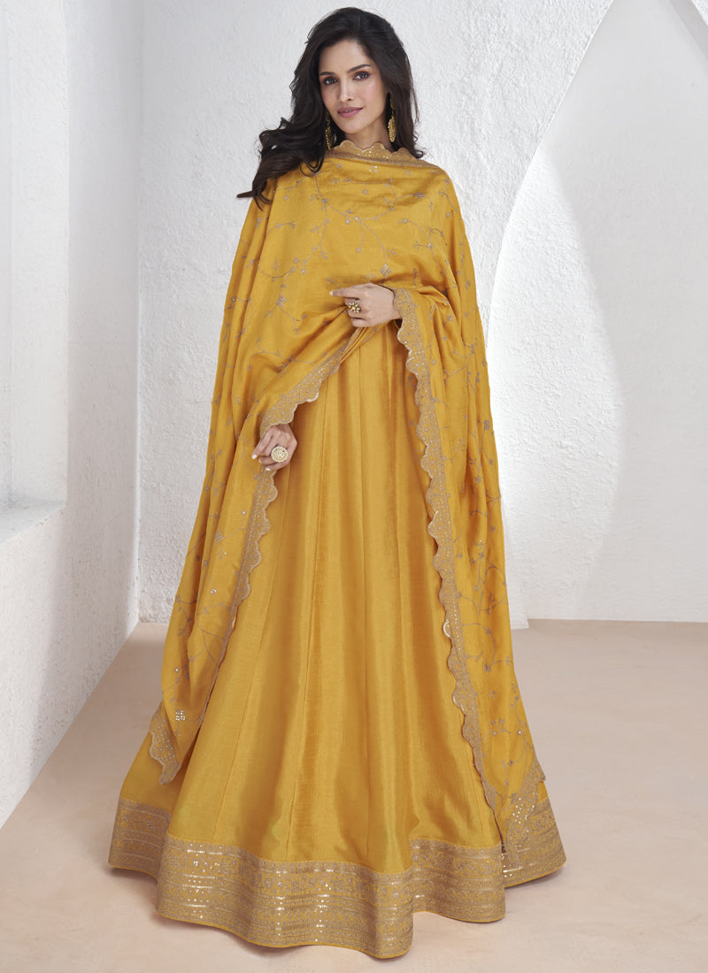 Vegaa Fashion Yellow Vichitra Silk Sequence Anarkali Suit | Grocsy