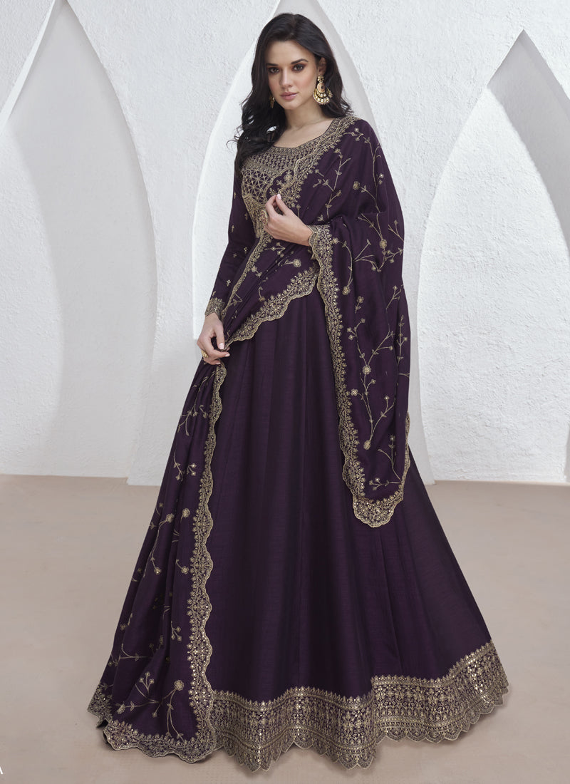 Vegaa Fashion Violet Vichitra Silk Sequence Anarkali Suit | Grocsy