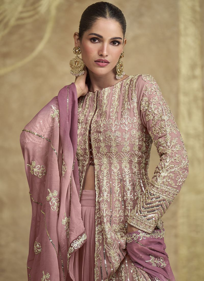 Vegaa Fashion Peach Real Georgette Embroidered Lehenga Style Suit | Grocsy
