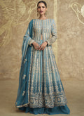 Vegaa Fashion Sky Blue Real Georgette Embroidered Lehenga Style Suit | Grocsy