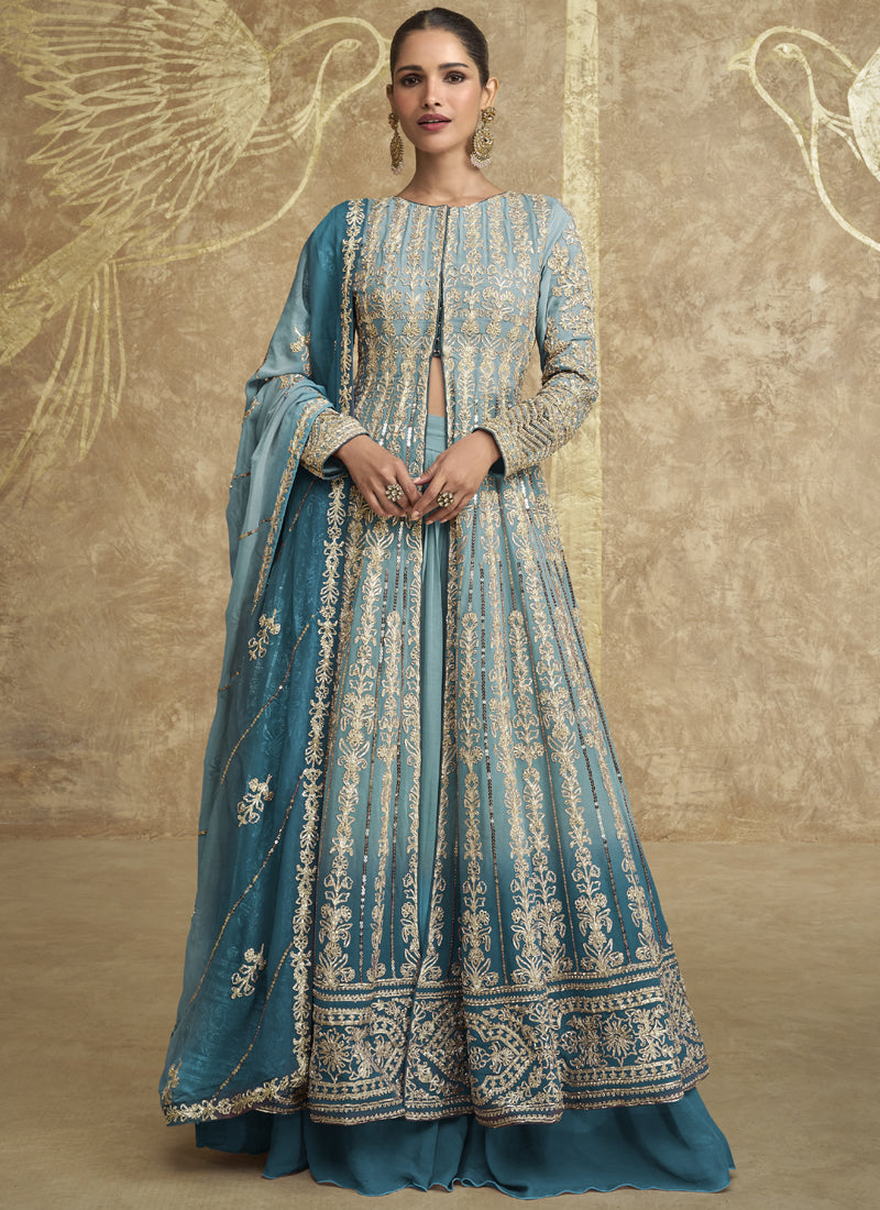 Vegaa Fashion Sky Blue Real Georgette Embroidered Lehenga Style Suit | Grocsy