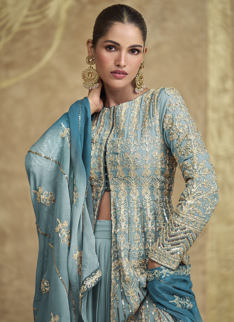 Vegaa Fashion Sky Blue Real Georgette Embroidered Lehenga Style Suit | Grocsy