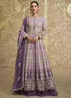 Vegaa Fashion Lavender Real Georgette Embroidered Lehenga Style Suit | Grocsy