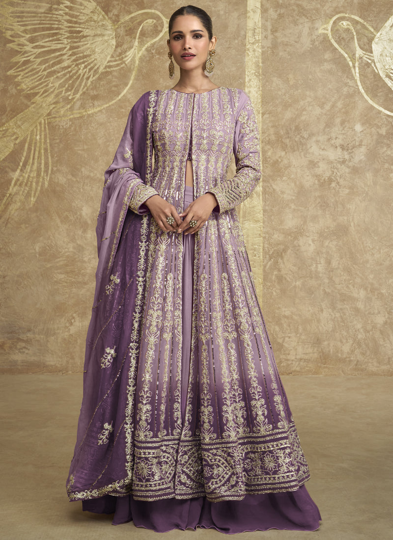 Vegaa Fashion Lavender Real Georgette Embroidered Lehenga Style Suit | Grocsy